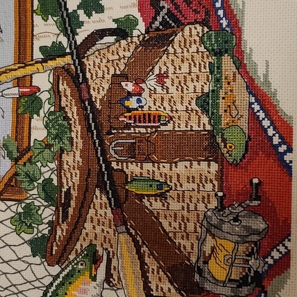 Vintage Fisherman's Fishing Gear Finished Cross Stitch Sampler - Picture 12 of 16